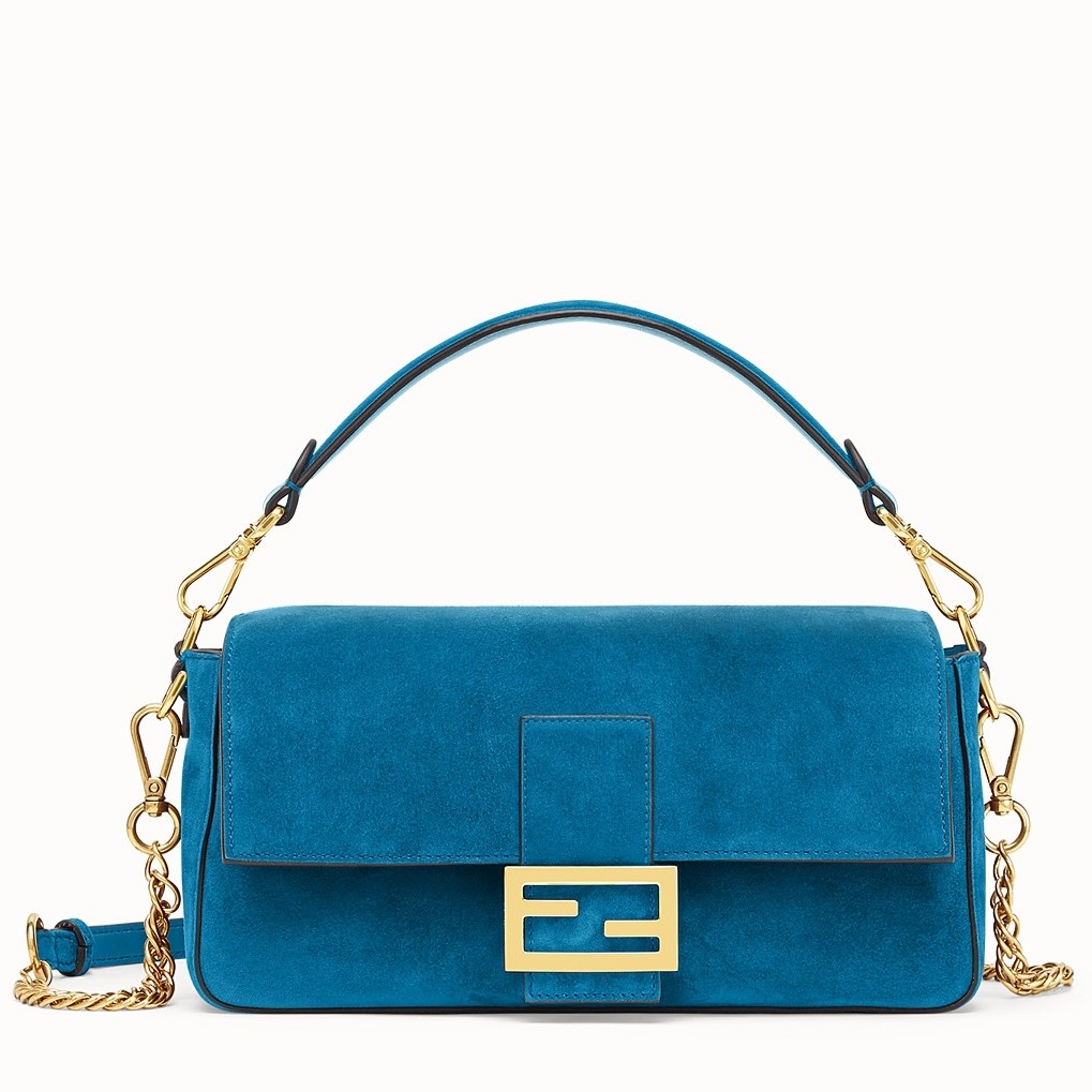 F**di medium baguette bag in blue suede leather
