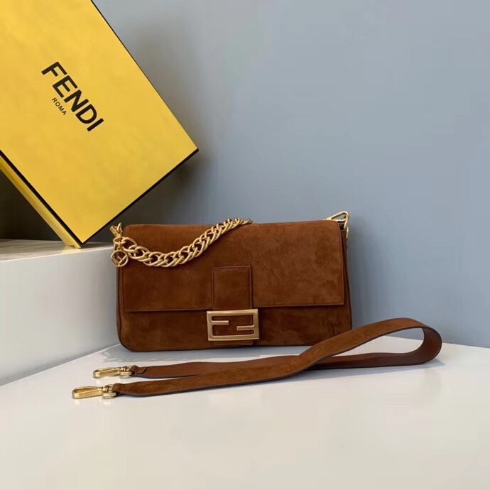 F**di medium baguette bag in brown suede leather