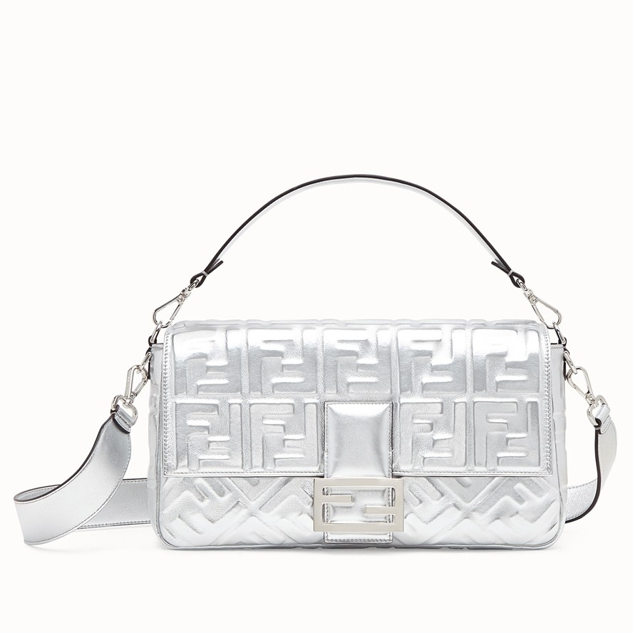 F**di baguette large bag in silver lambskin with ff motif