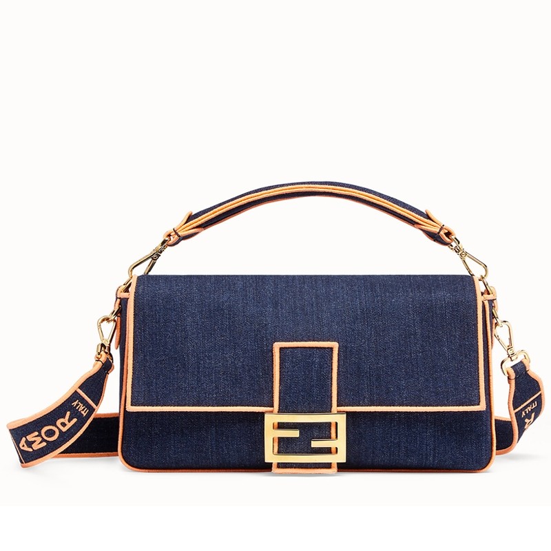 F**di large baguette bag in blue denim with orange trim