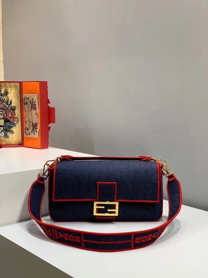 F**di large baguette bag in blue denim with red trim