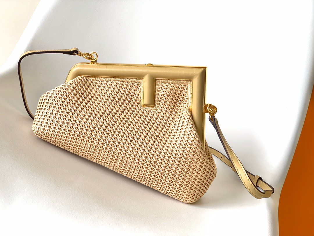 F**di first small bag in beige raffia macrame