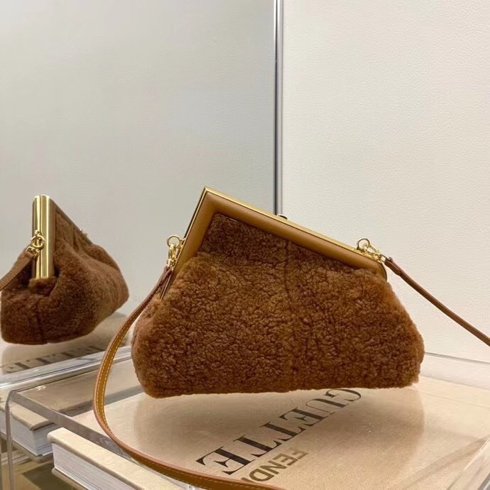 F**di small first bag in brown wool sheepskin