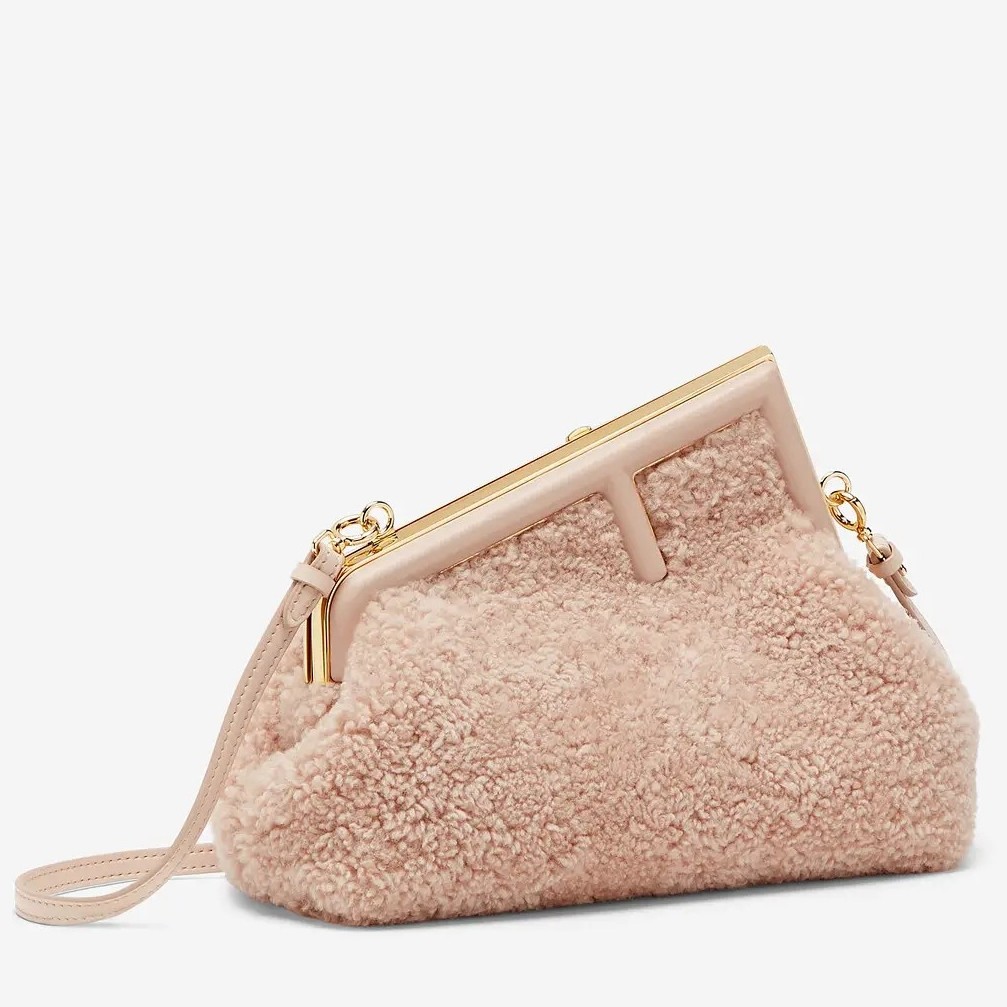 F**di small first bag in pink wool sheepskin