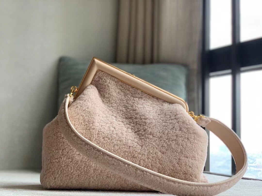 F**di medium first bag in pink wool sheepskin