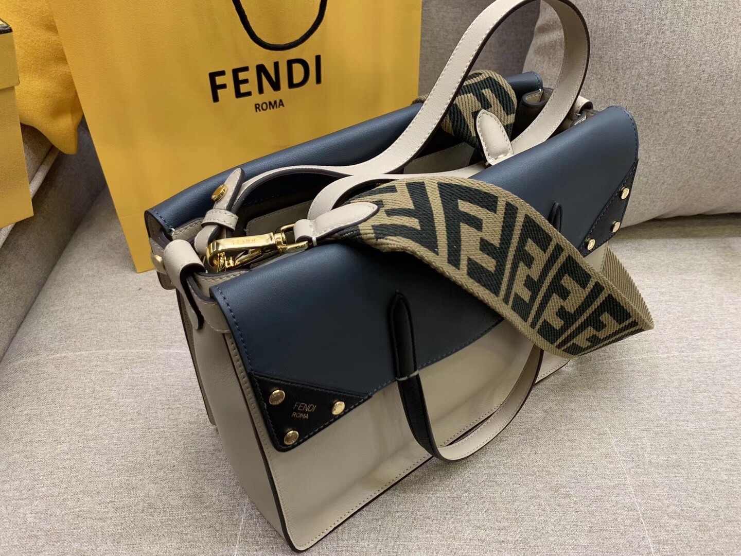F**di large flip tote bag in beige calfskin