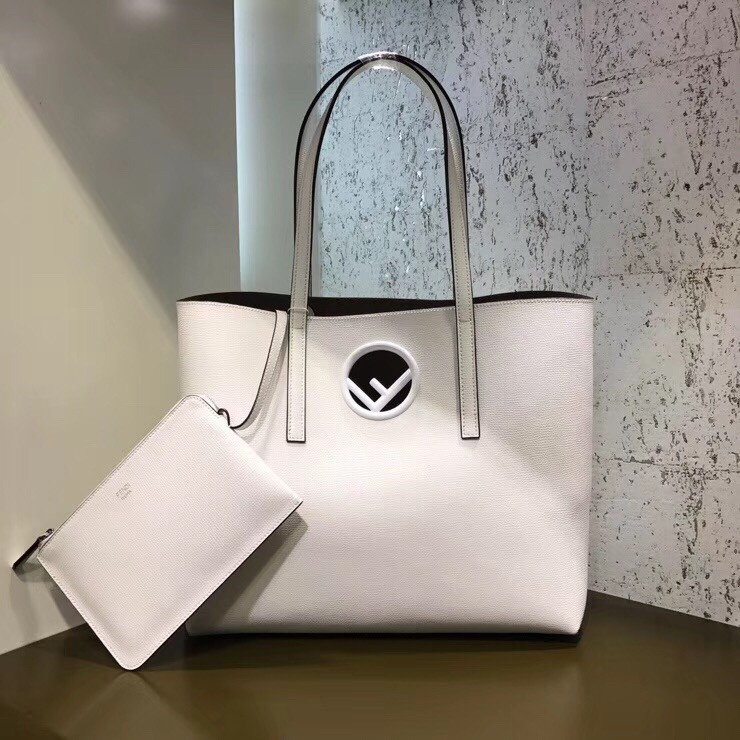 F**di white leather logo shopper bag