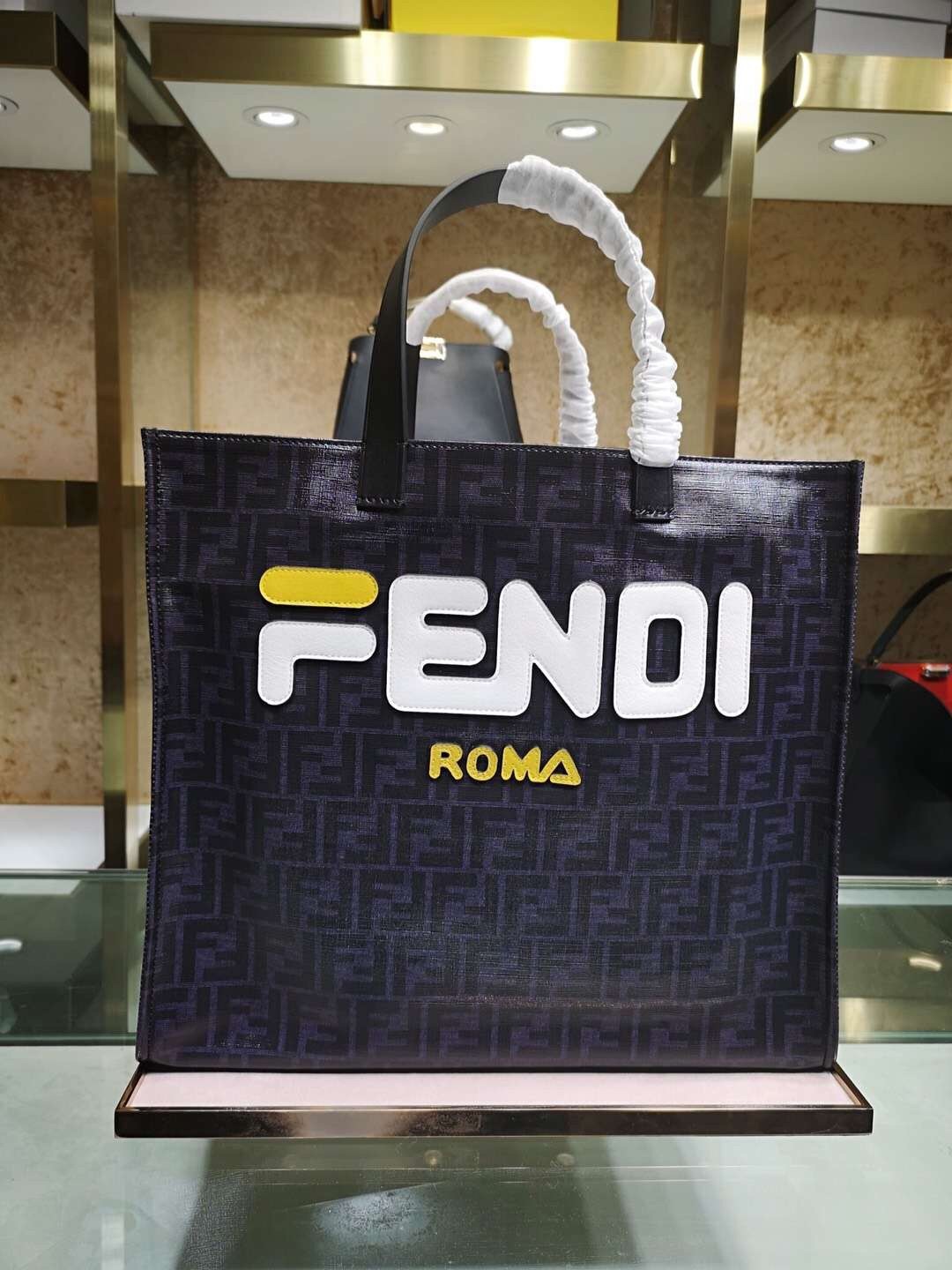 F**di black glazed fabric shopper white logo bag