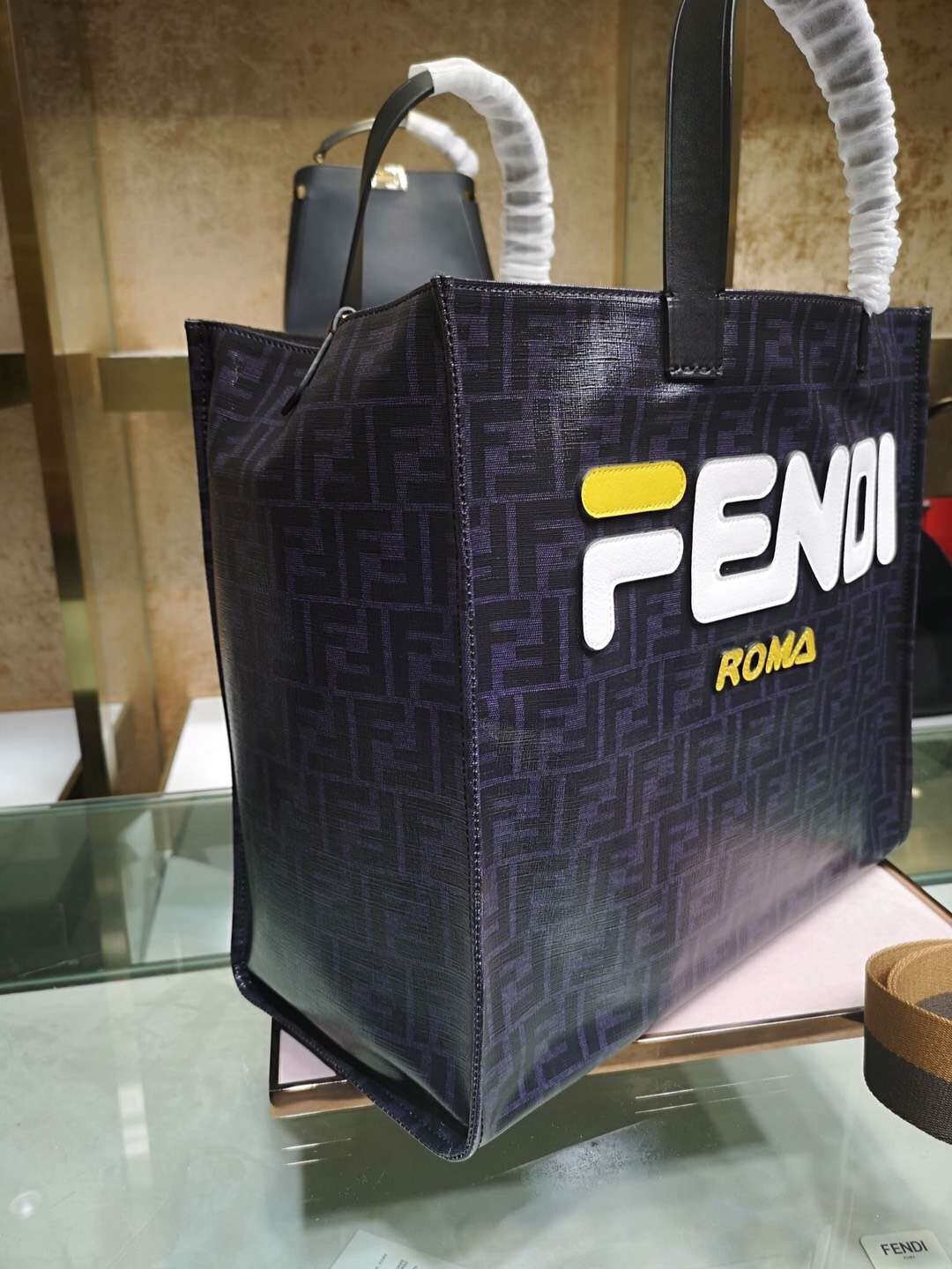 F**di black glazed fabric shopper white logo bag