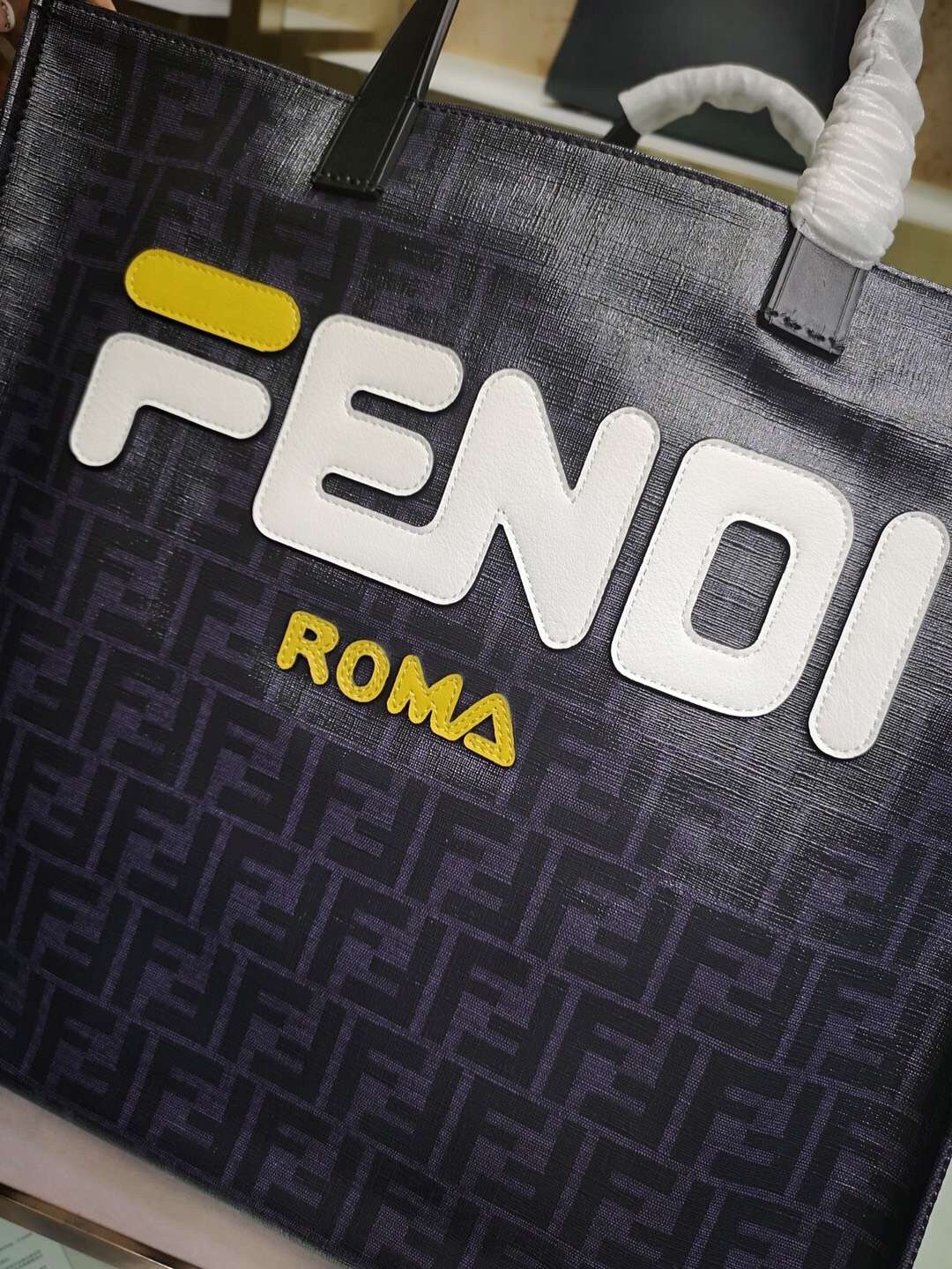 F**di black glazed fabric shopper white logo bag
