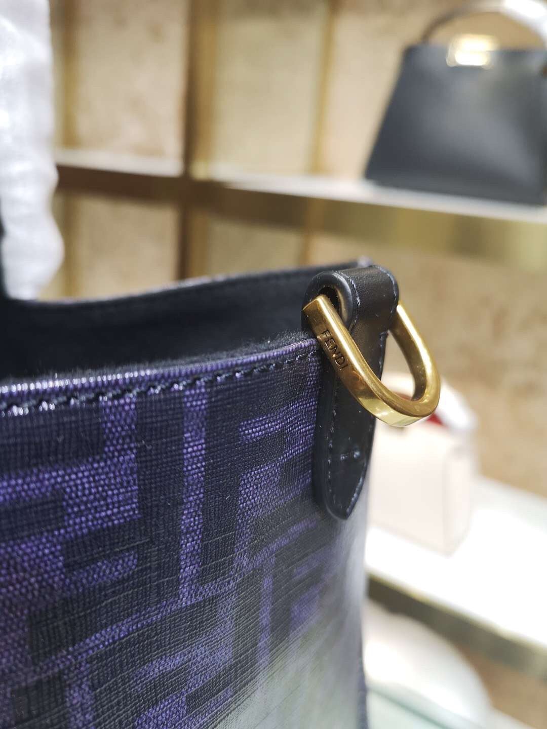 F**di black glazed fabric shopper white logo bag