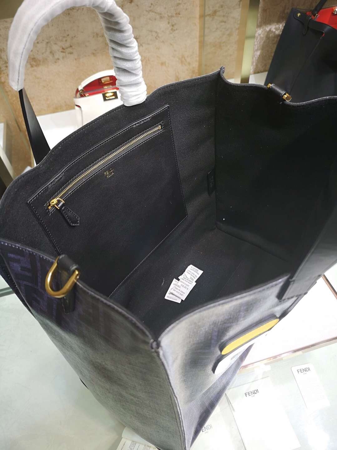 F**di black glazed fabric shopper white logo bag