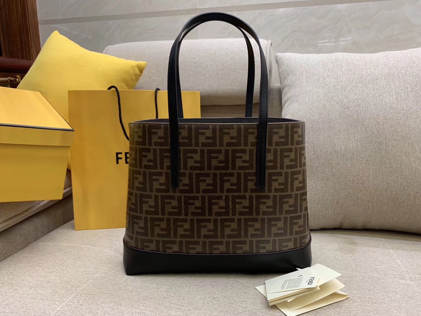 F**di logo shopper bag in glazed fabric with black leather