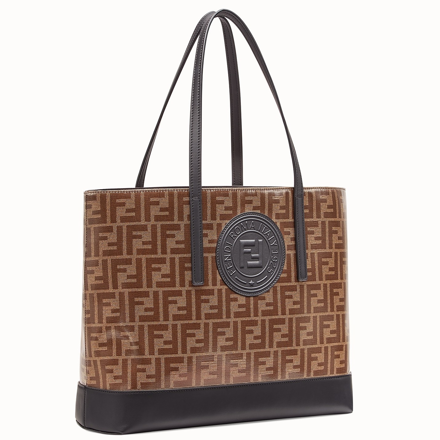 F**di logo shopper bag in glazed fabric with black leather
