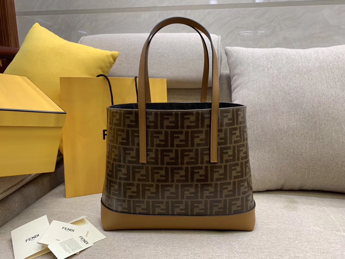 F**di logo shopper bag in glazed fabric with tan leather