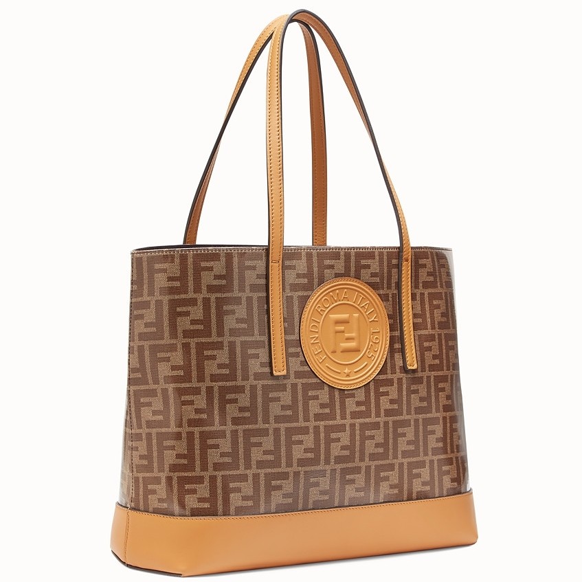 F**di logo shopper bag in glazed fabric with tan leather