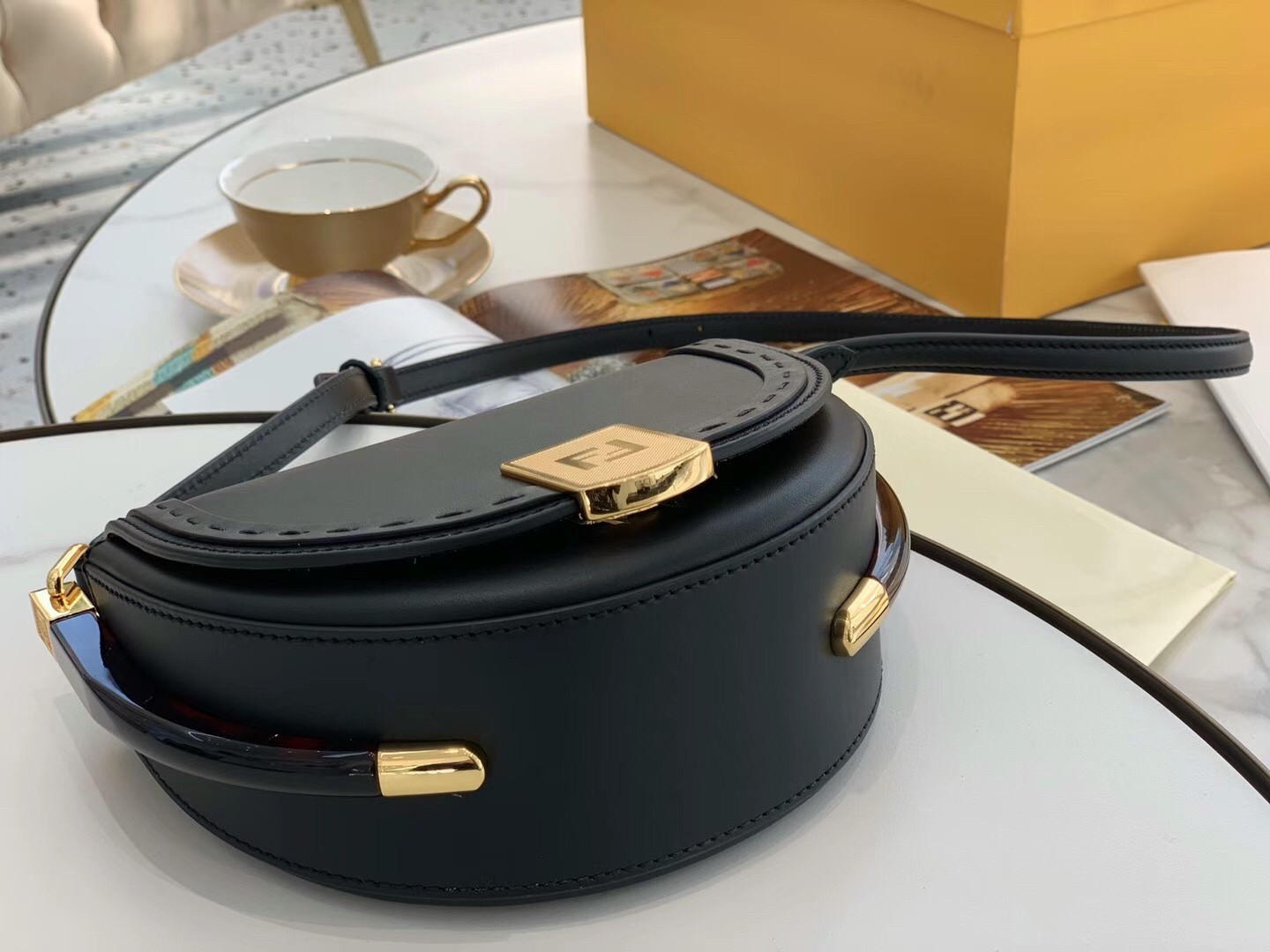 F**di moonlight saddle bag in black calfskin