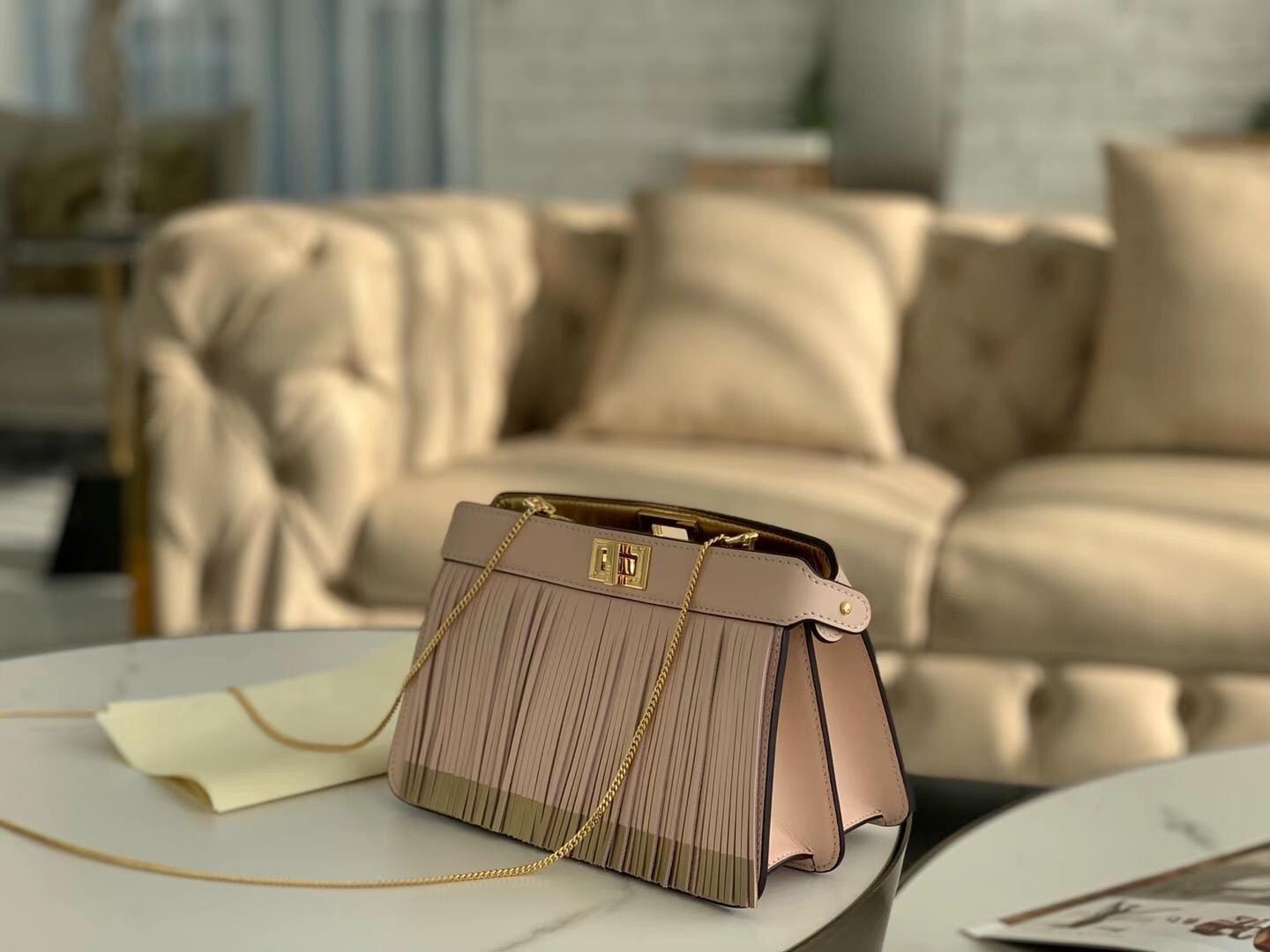 F**di pink peekaboo iseeu pochette bag with fringes