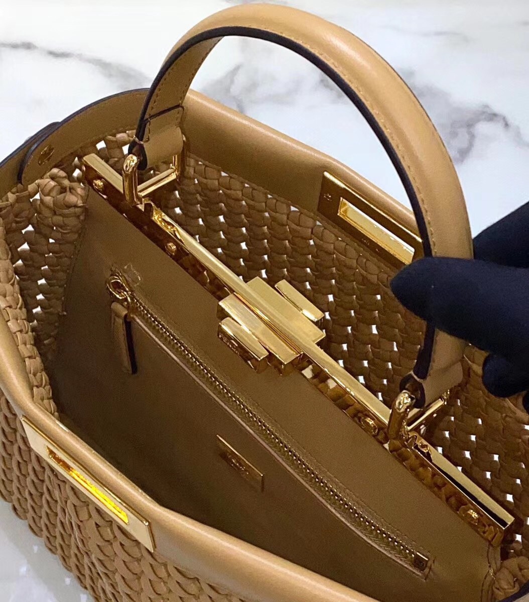 F**di peekaboo medium bag in beige interlace leather