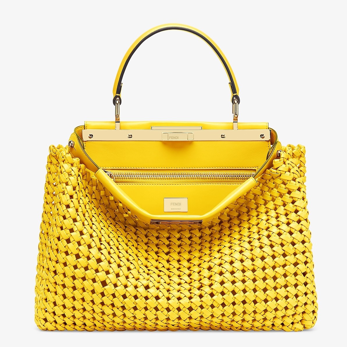 F**di peekaboo medium bag in yellow interlace leather