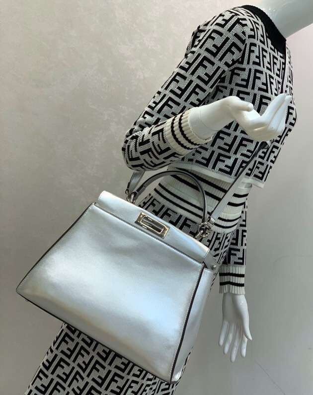 F**di peekaboo medium bag in silver metallic lambskin