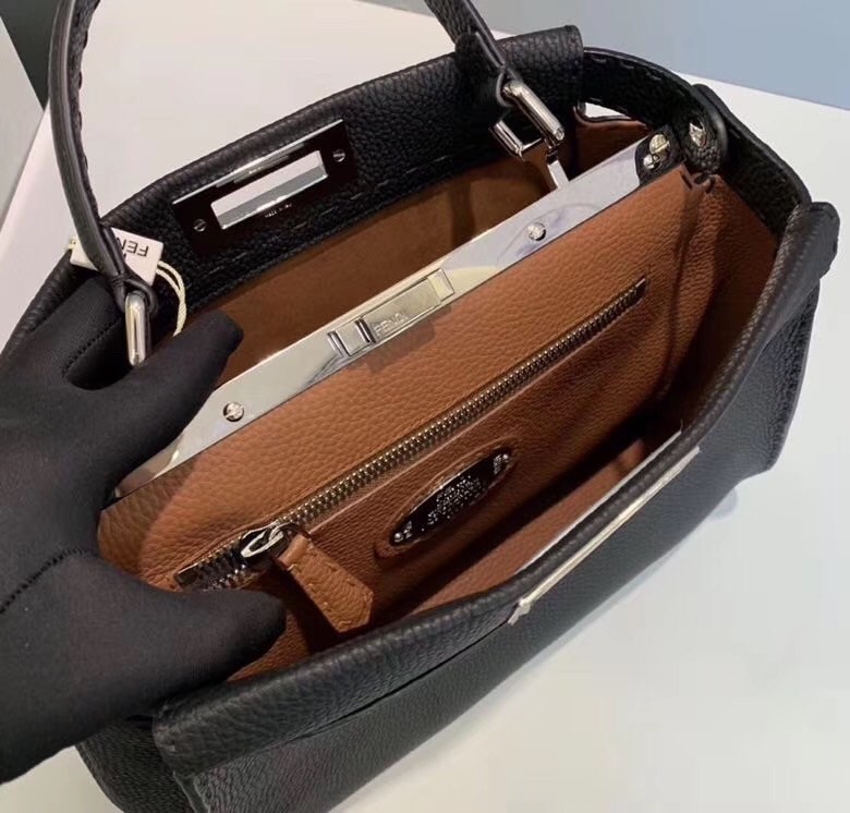F**di selleria peekaboo medium bag in black roman leather