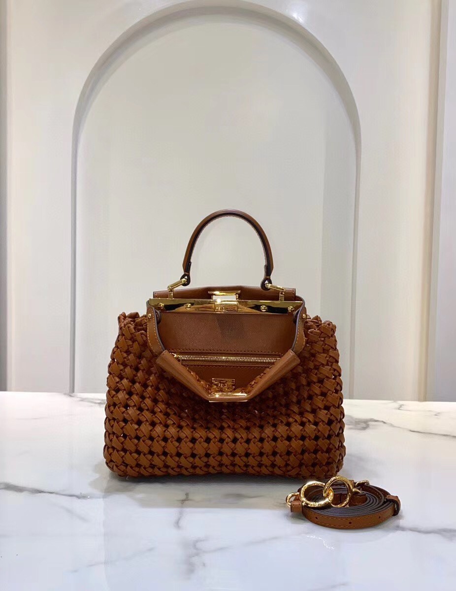 F**di peekaboo mini bag in brown interlace leather