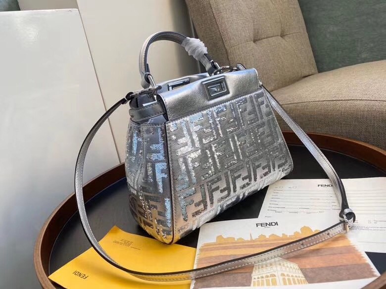 F**di peekaboo mini bag in silver lambskin with ff sequins