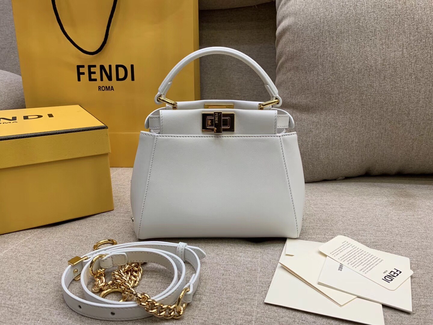 F**di peekaboo xs bag with star studs in white nappa leather