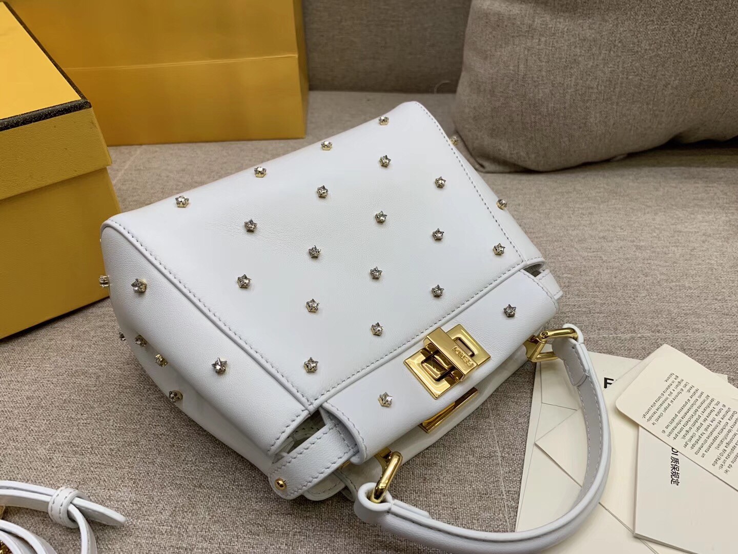 F**di peekaboo xs bag with star studs in white nappa leather
