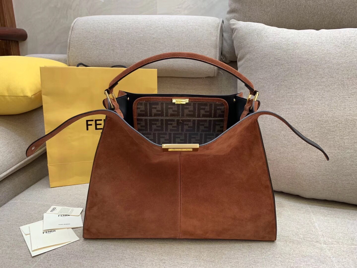F**di brown peekaboo x lite large suede bag