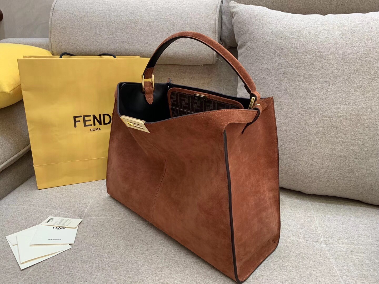 F**di brown peekaboo x lite large suede bag