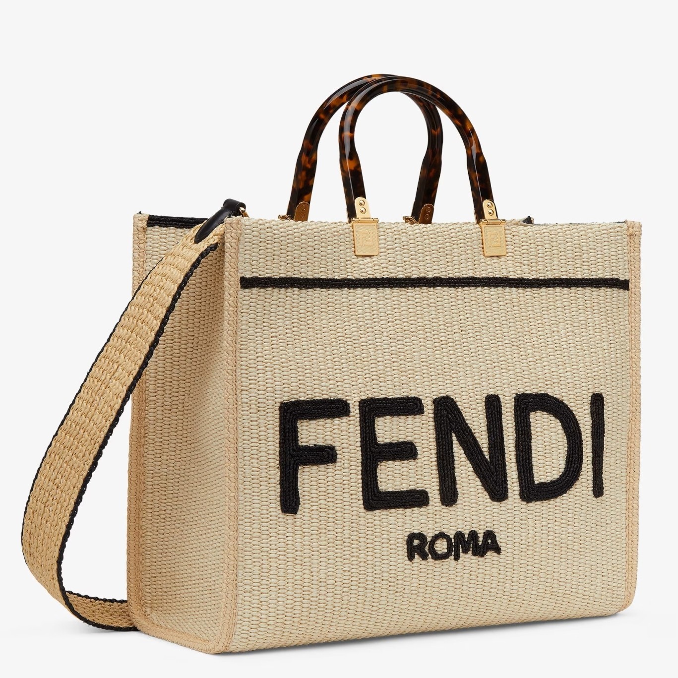 F**di sunshine medium tote bag in black and natural straw