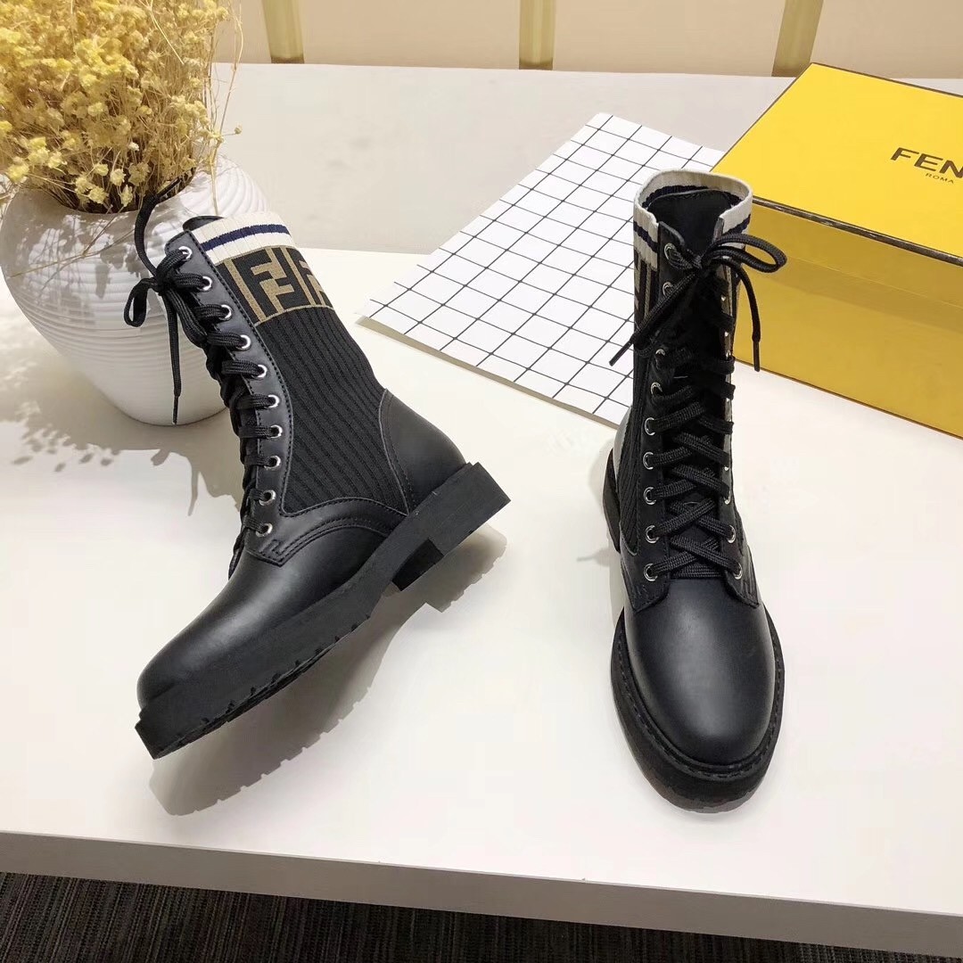 F**di ankle boots in black leather with stretch fabric