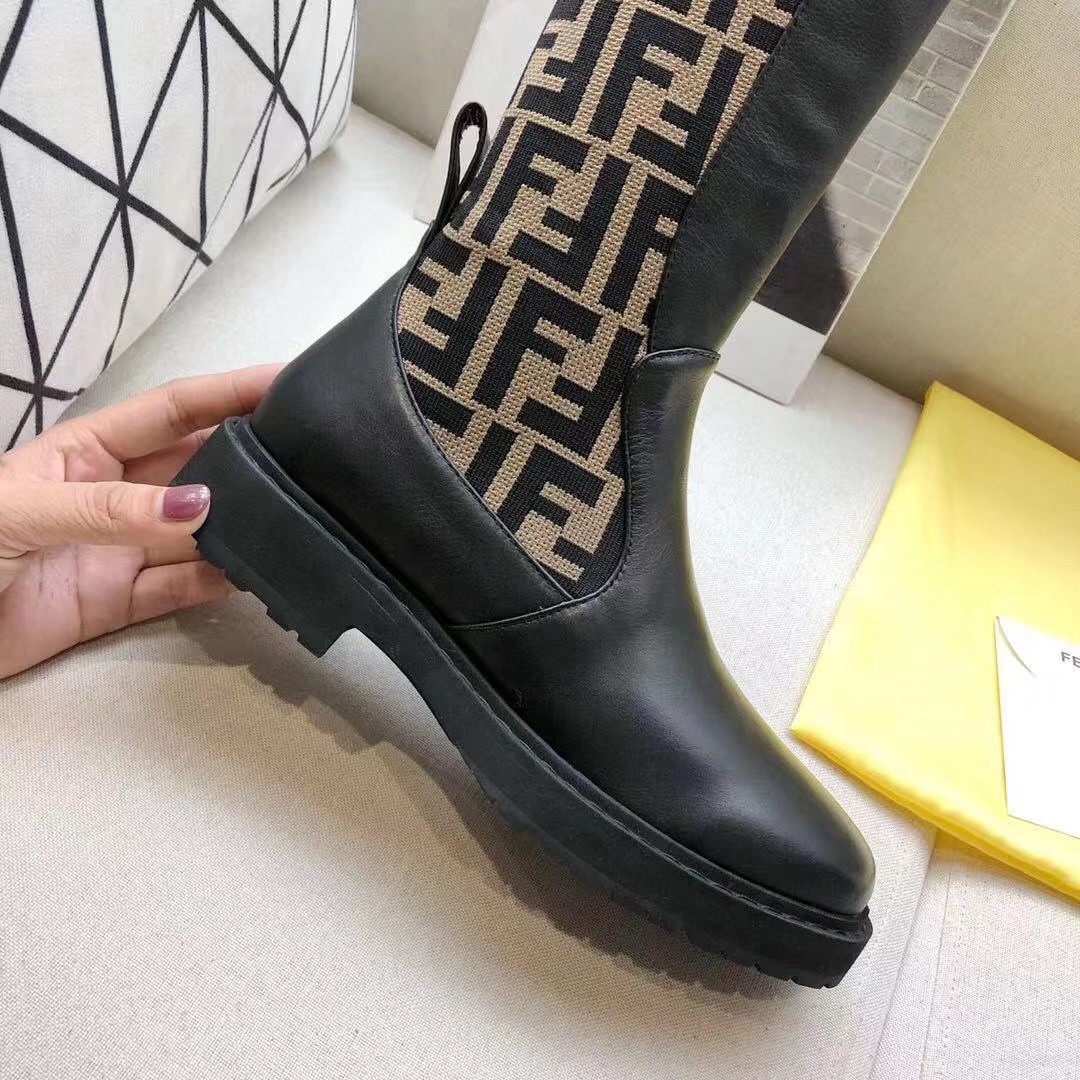 F**di rockoko high boots in leather with ff fabric