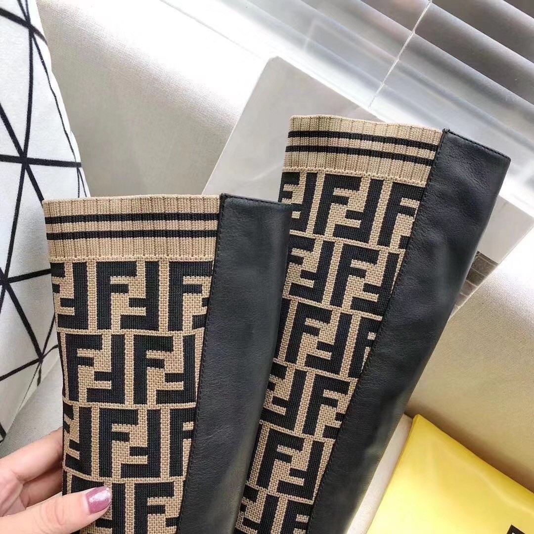 F**di rockoko high boots in leather with ff fabric
