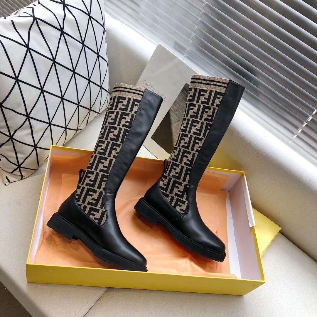 F**di rockoko high boots in leather with ff fabric