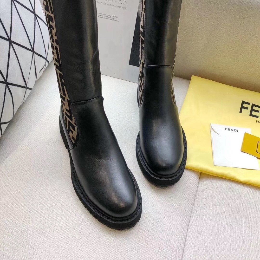 F**di rockoko high boots in leather with ff fabric