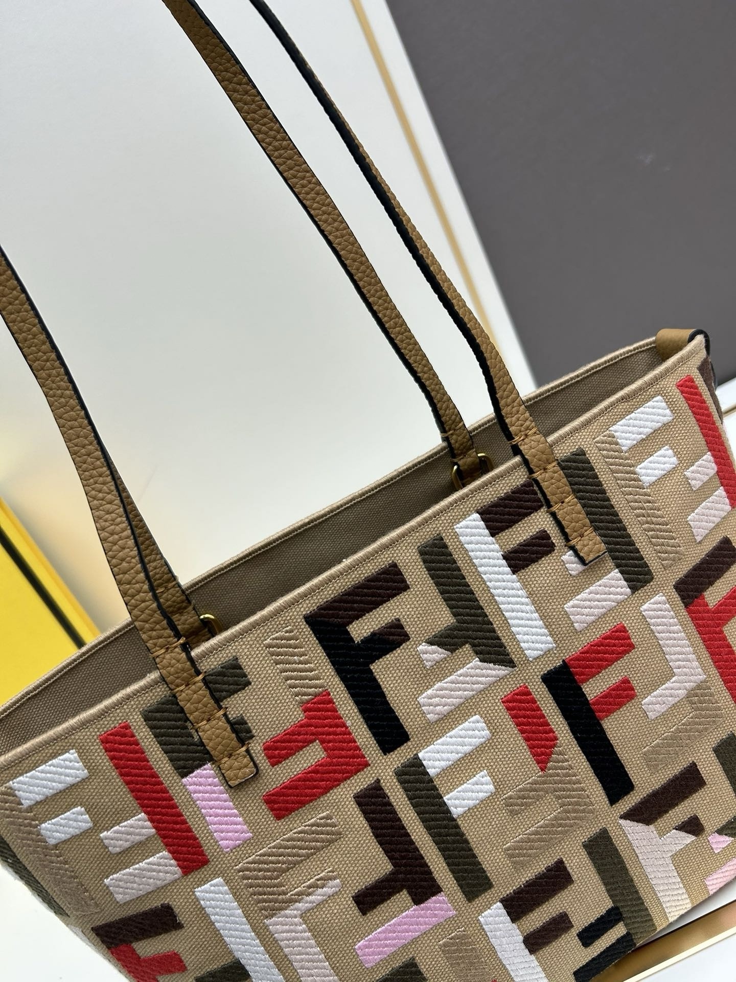 F**di small roll tote in canvas with multicolor ff embroidery