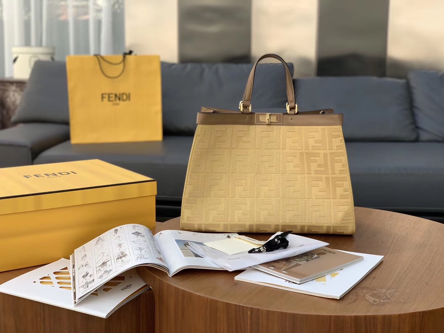 F**di peekaboo x tote in beige canvas with ff motif