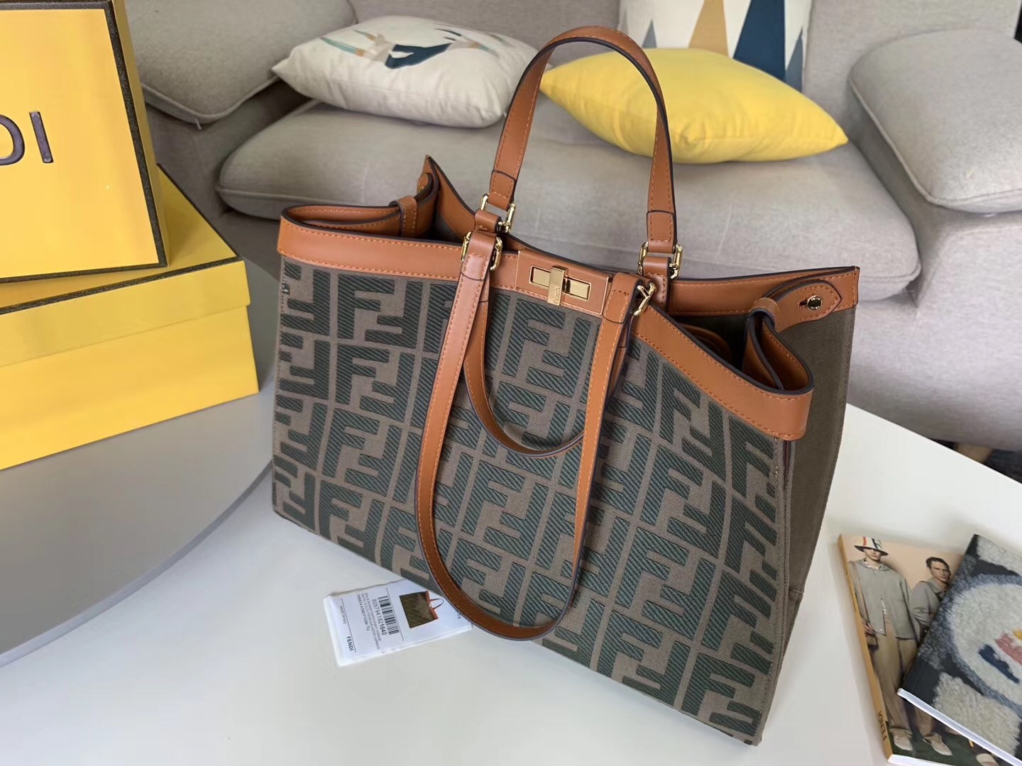 F**di peekaboo x tote in green canvas with ff motif