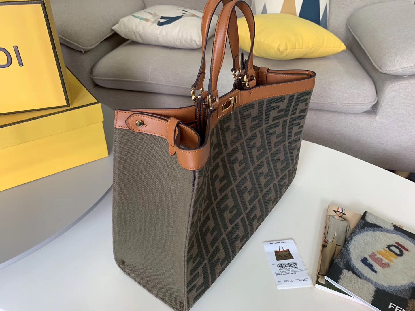 F**di peekaboo x tote in green canvas with ff motif