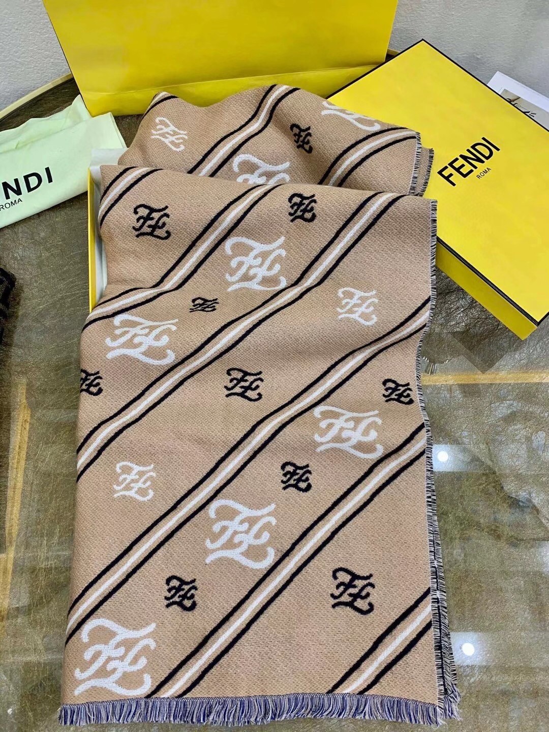 F**di beige wool karligraphy stole