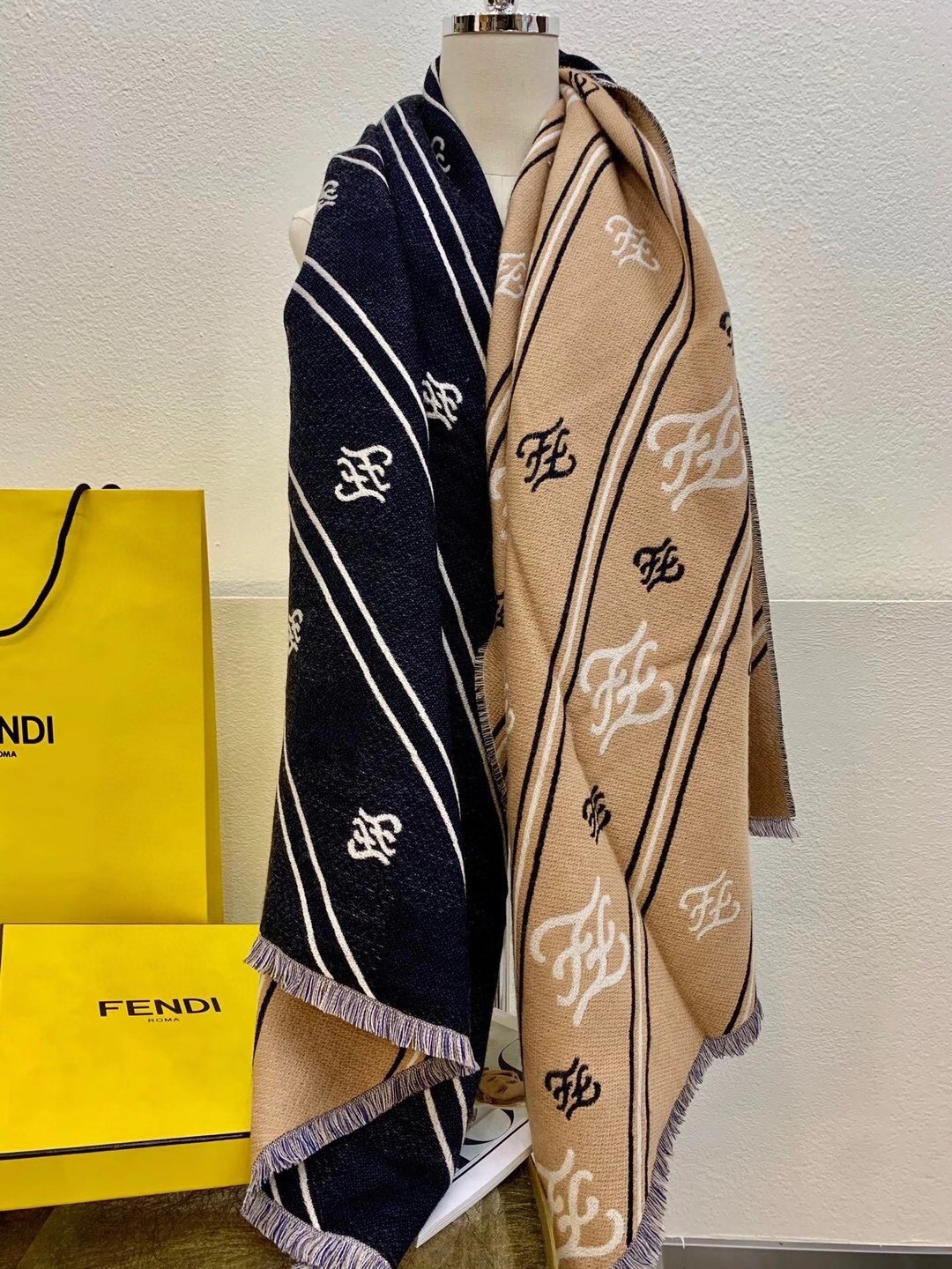 F**di beige wool karligraphy stole