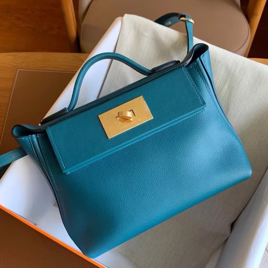 H**mes 24/24 mini 21 handmade bag in vert bosphore evercolor leather