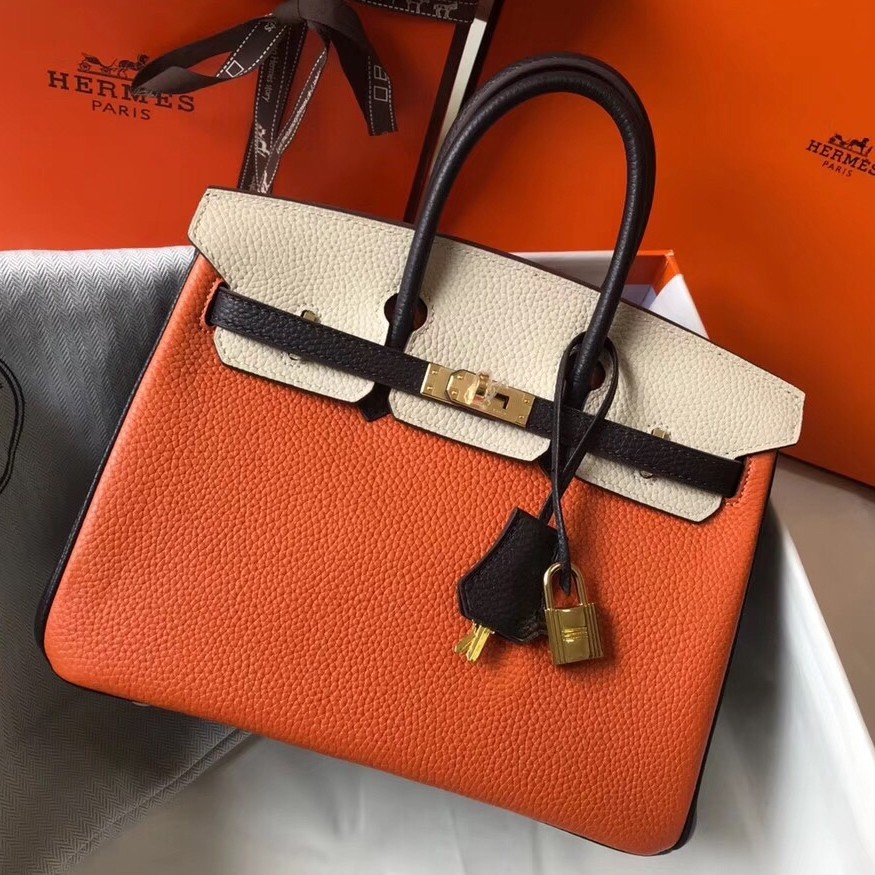 H**mes tri-color birkin 25cm bag in orange/white/black clemence leather