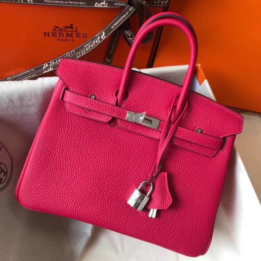 H**mes birkin 25cm bag in rose red clemence leather