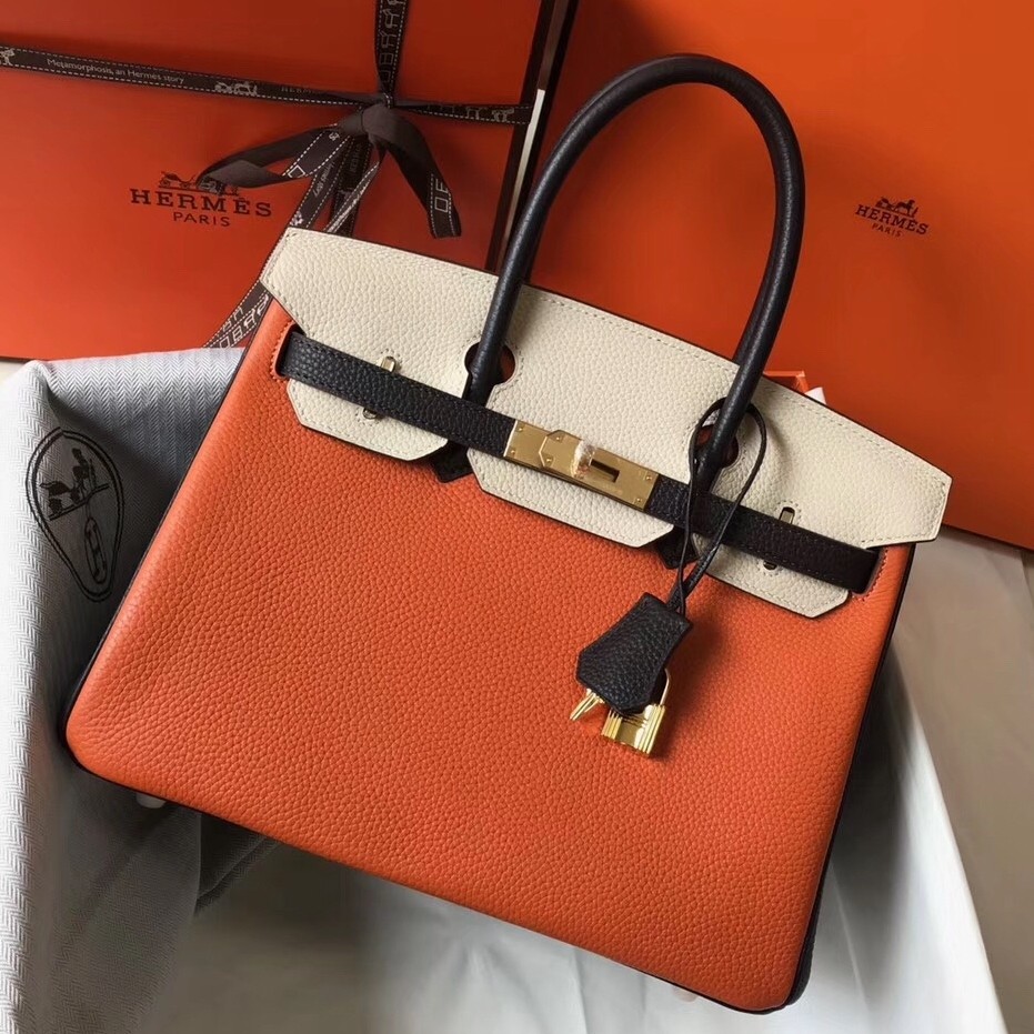 H**mes tri-color birkin 30cm bag in orange/white/black clemence leather