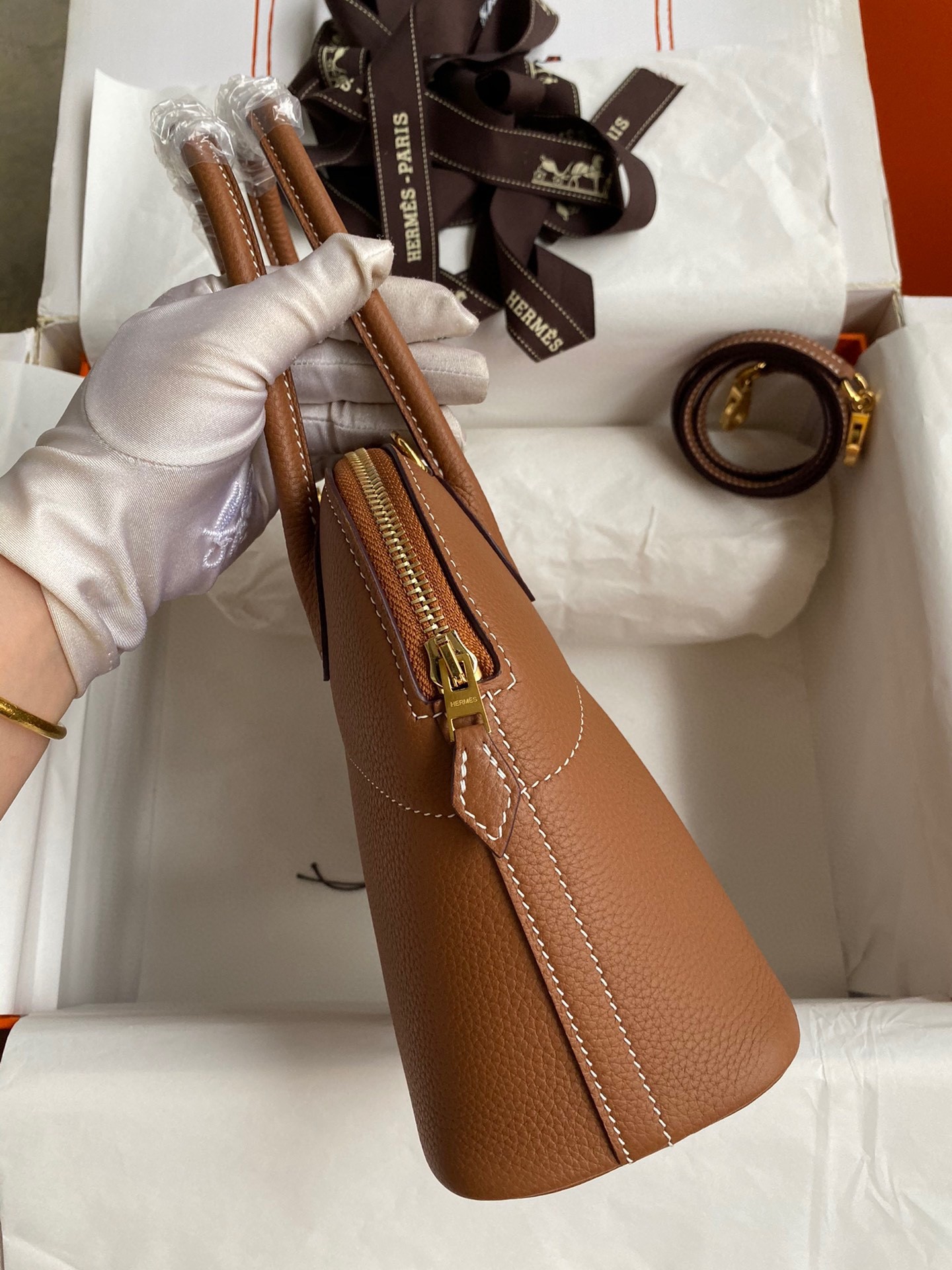 H**mes bolide 1923 27 handmade bag in gold clemence calfskin