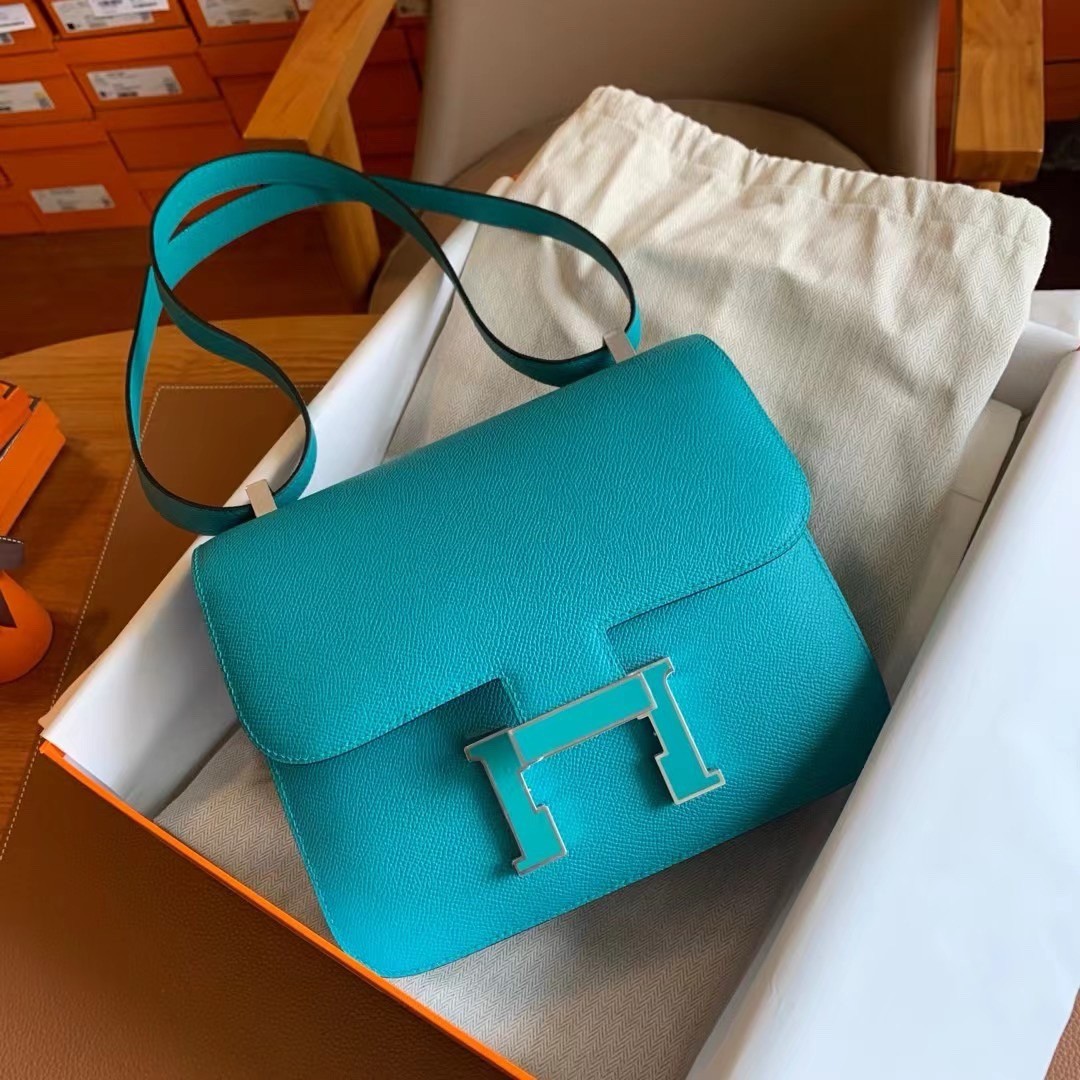 H**mes constance enamel 18 handmade bag in blue paon epsom calfskin